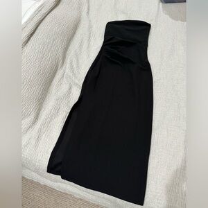 Black strapless midi dress with side slit